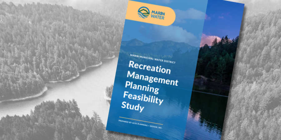 A black and white background image features a tree-lined reservoir. Superimposed is the cover of a study labeled "Recreation Management Feasibility Study."