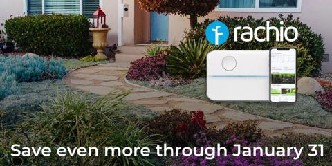 Front of home with landscape and overlaid Rachio logo and white text that reads" Save even more through January 31"