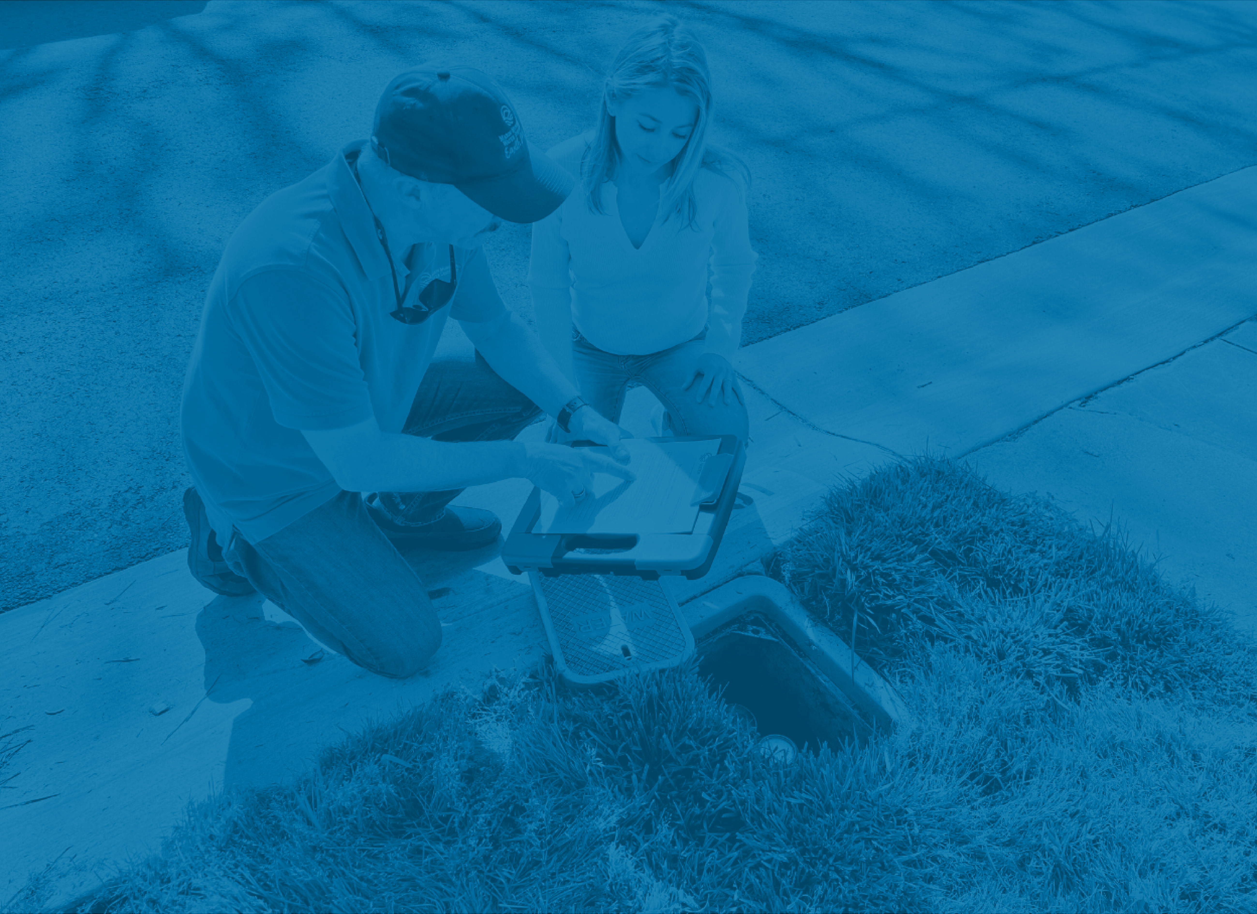 Button image showing two people crouching with a clipboard near a water meter