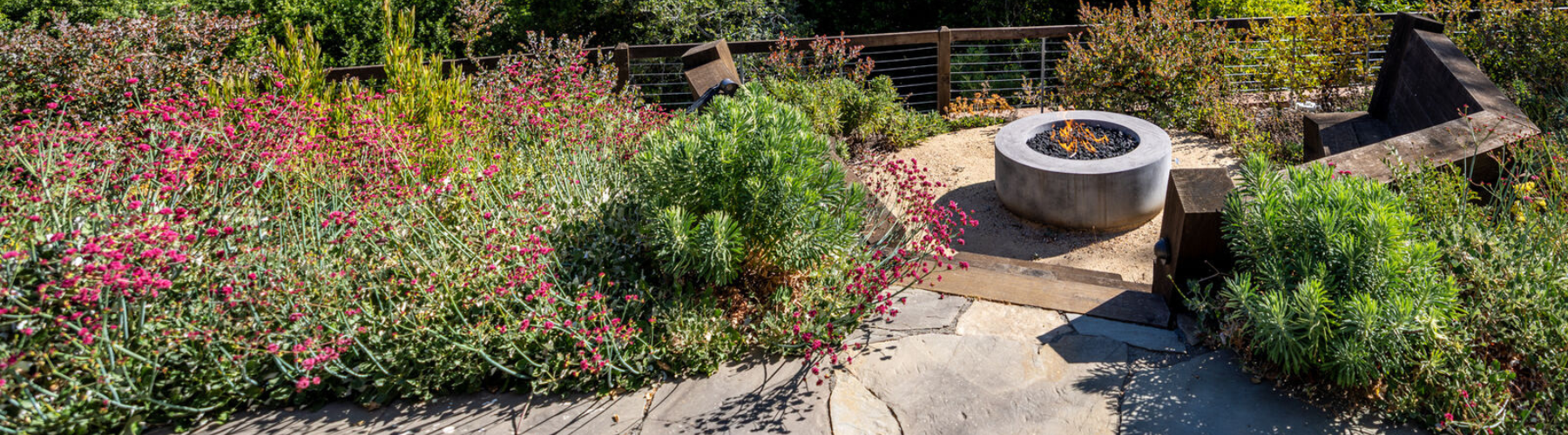 Photo shows a residential landscape with a fire pit.