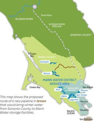 Map of pipeline route with labels for reservoirs and nearby cities.