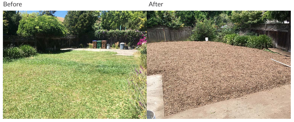 Side-by-side photos show a grass-covered lawn at left, and a mulch-covered lawn at right.