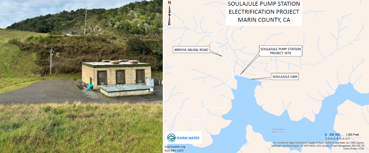 Collage shows a short, brick building at left and a map of the "Soulajule Pump Station Project Site" at right.