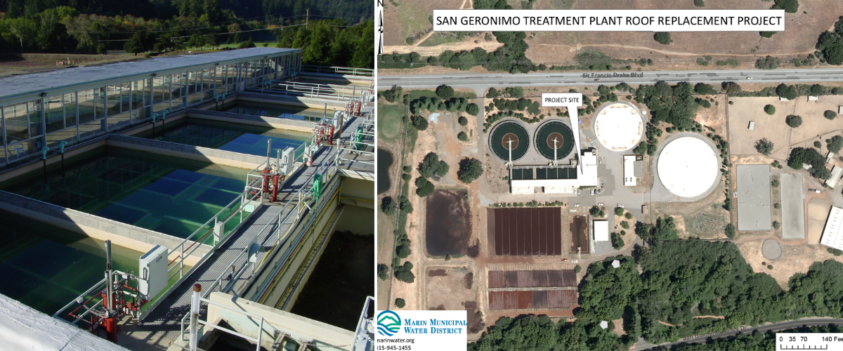 Two-image collage shows a series of square tanks that are part of a water treatment plant, at left; and, and right, an aerial view of the same treatment plant with the label "San Geronimo Treatment Plant Roof Replacement Project."