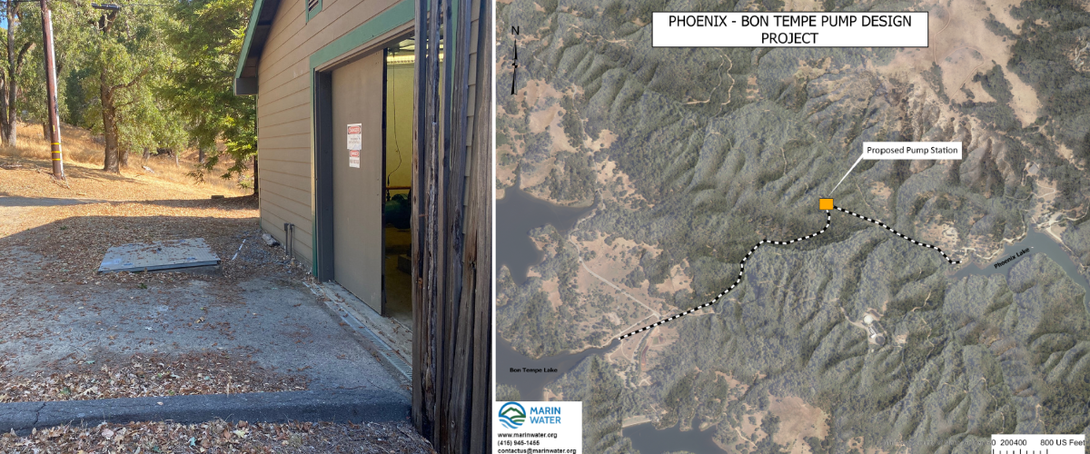 Collage shows a building and concrete pad on left, and a map with a orange box displaying a "proposed pump station."