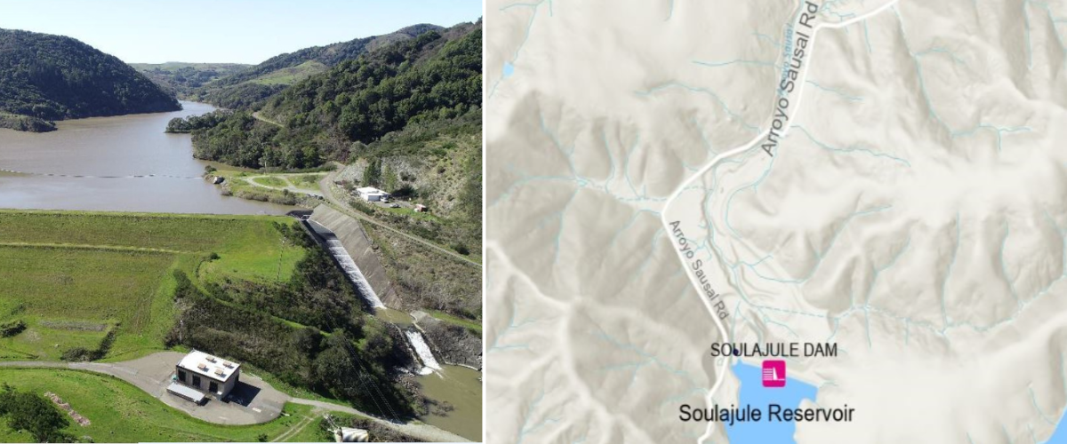 Image collage shows a dam and spillway at left and a map of the dam and spillway at right.