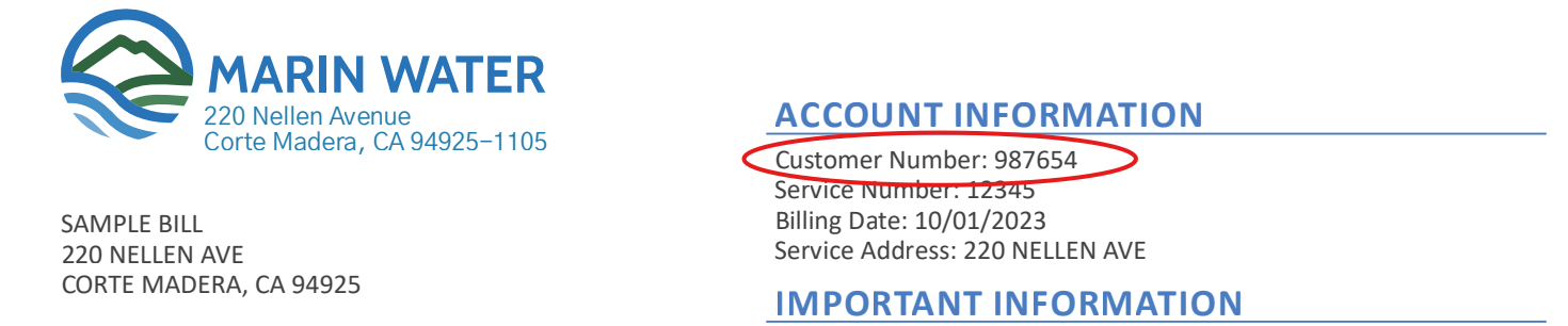A snapshot of a Marin Water bill header with the six-digit customer number circled in the upper right corner