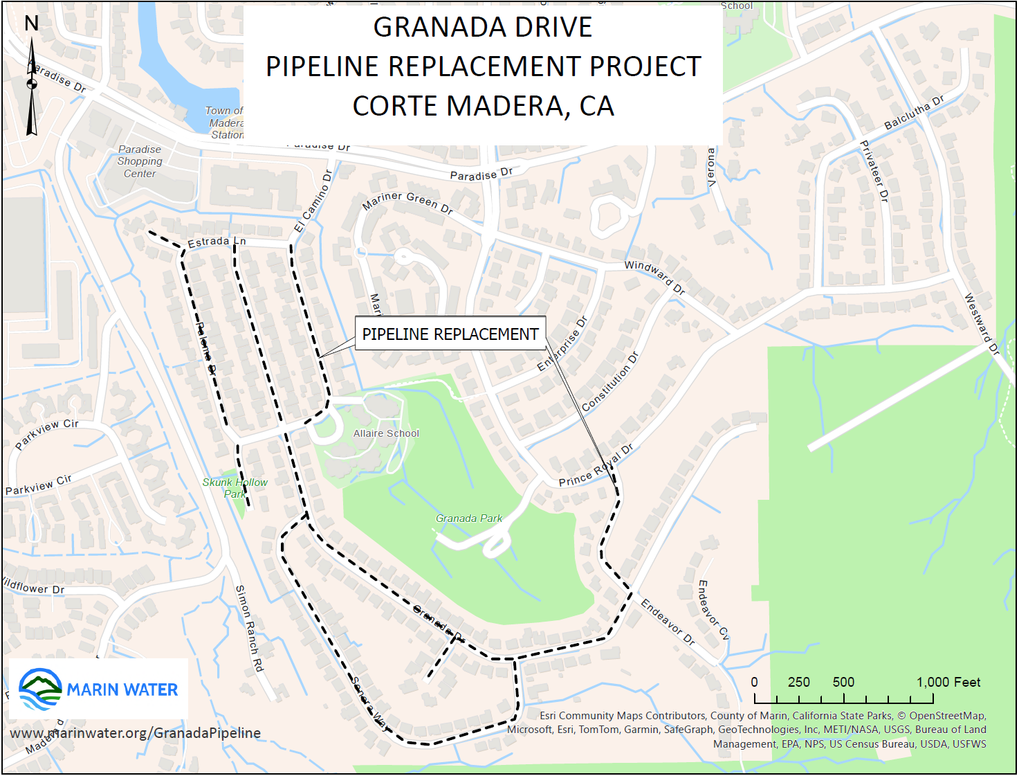 Map labeled Granada Drive Pipeline Replacement Project; Corte Madera, CA.