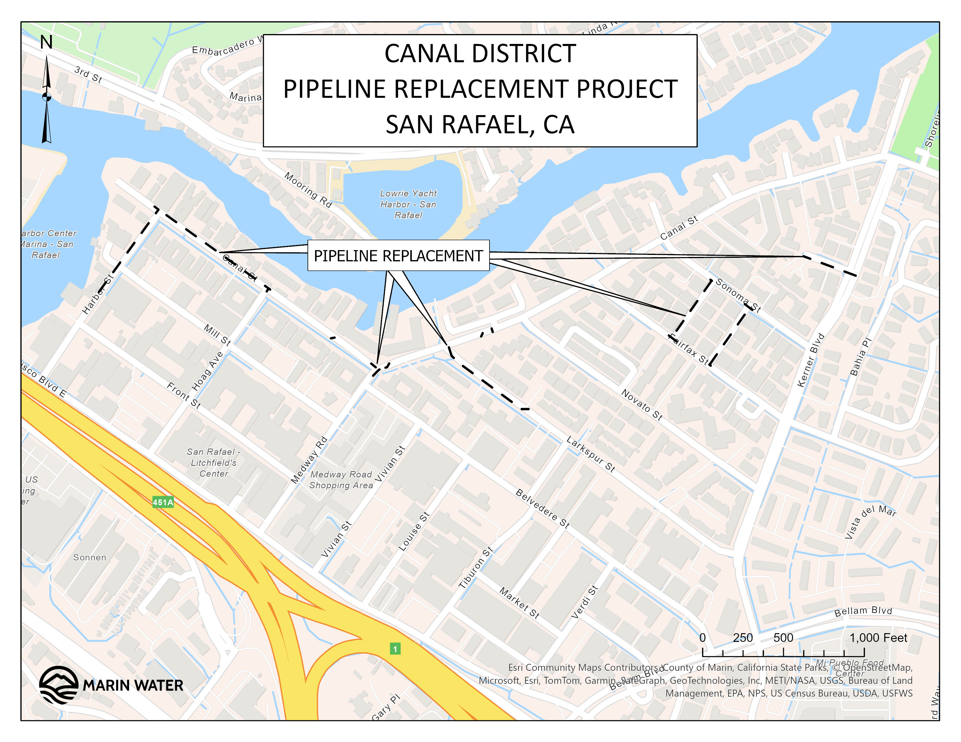 Map shows location of pipeline replacement project in Canal District in San Rafael, CA.