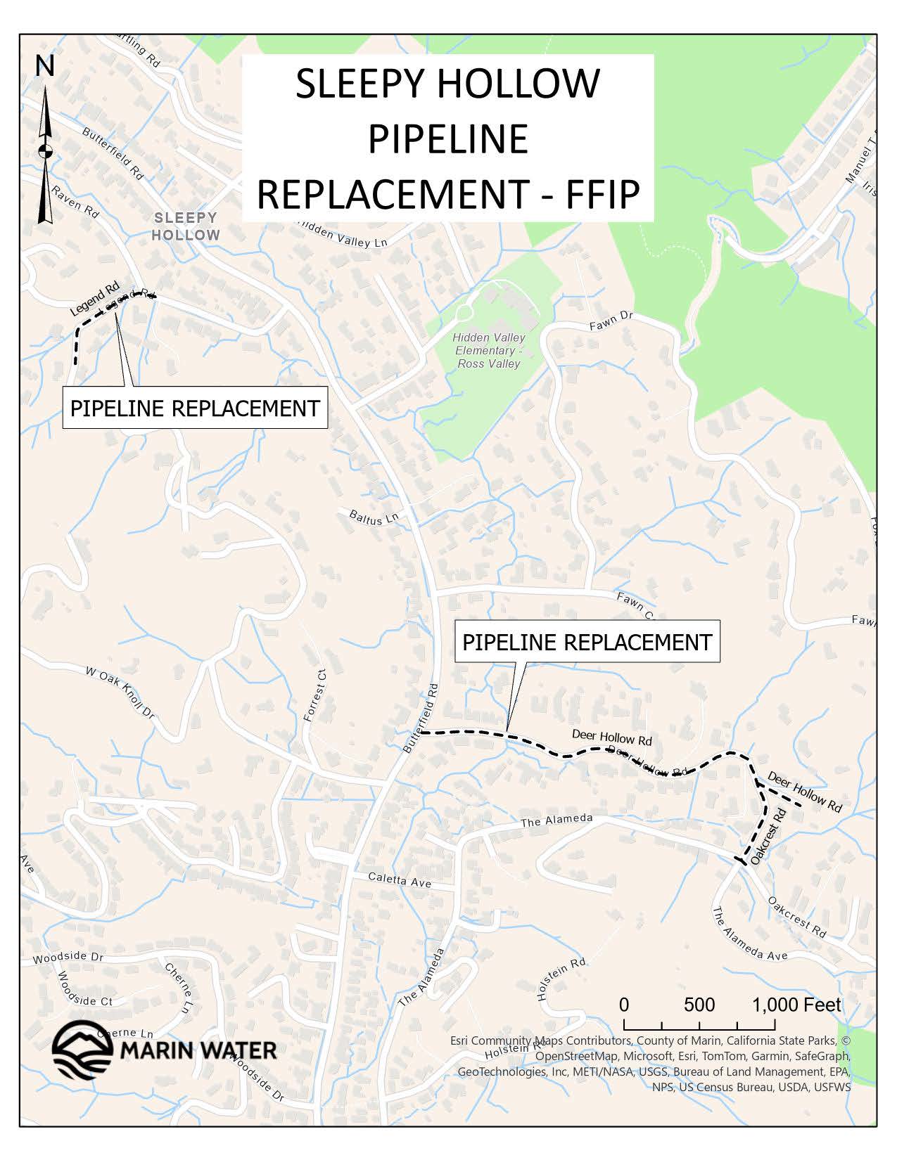 Map shows location of pipeline replacement project beneath the label "Sleepy Hollow Pipeline Replacement - FFIP."