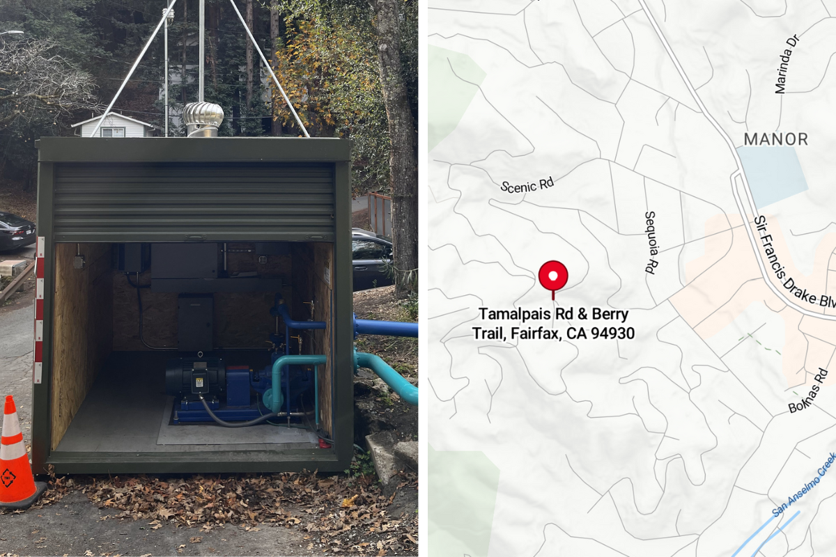 a temporary pump station at left and a site map at right.
