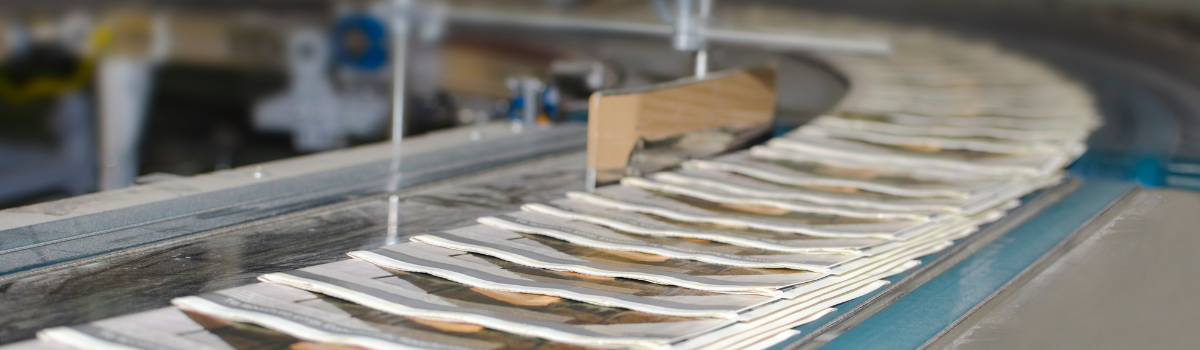 Newspapers on an assembly line. 