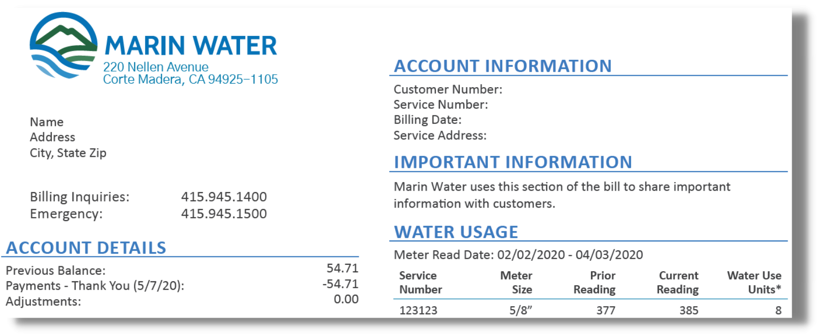 Image shows a screen capture of a sample water bill for Marin Water.