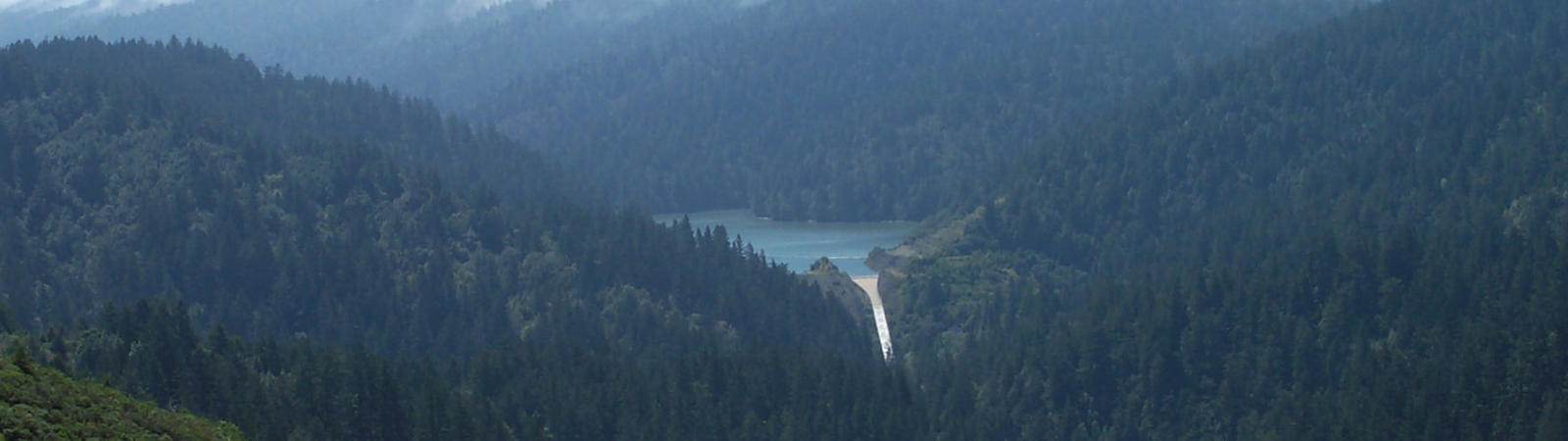 A spillway from a dam surrounded by tree-covered mountains. 