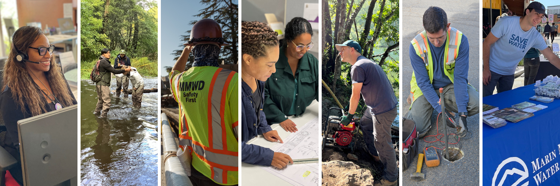 A collage of employees at work indoors and outdoors