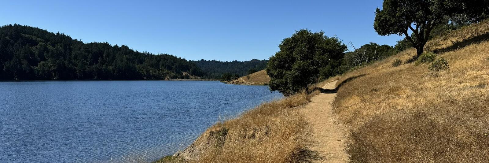 Dirt trail along Bon Tempe Lake on the Mount Tamalpais Watershed