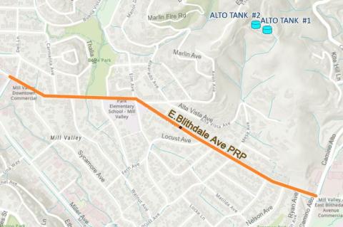 Map of pipeline location along East Blithedale Avenue