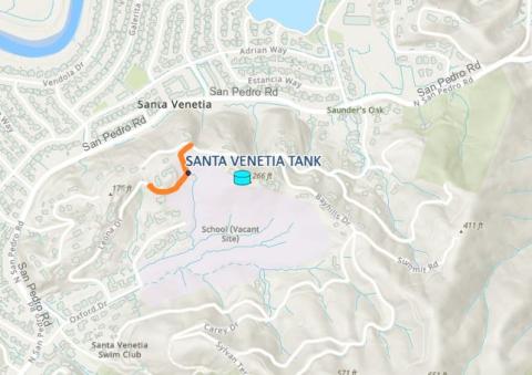 Map showing pipeline location along Leona Drive near the Santa Venetia Tank