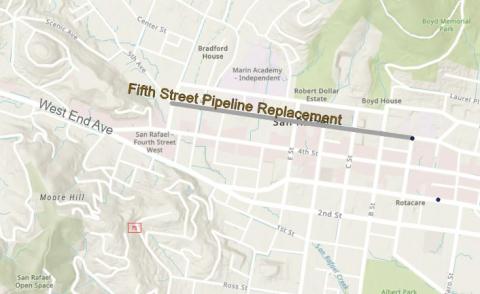 Map of pipeline location along 5th Avenue in San Rafael between A St and H St