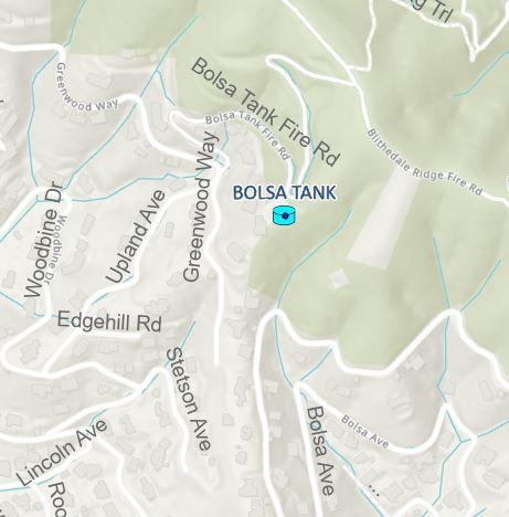 Map of Bolsa Tank location on Bolsa Tank Fire Rd near Greenwood Way, Upland Ave, Woodbine Dr, and Edgehill Rd