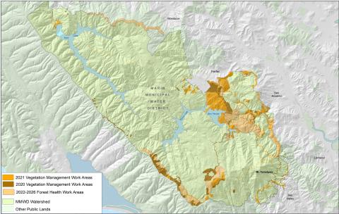 Map displaying 2021 Vegetation Management Work Areas, 2020 Vegetation Management Work Areas, 2022-2025 Forest Health Work Areas, MMWD Watershed, and Other Public Lands