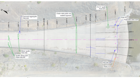 A marked up image of the spillway indicating joints and areas in need of repair