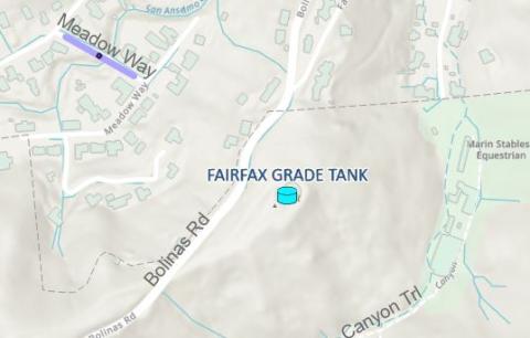 Map of Meadow Way bridge location near the Fairfax Grade tank.