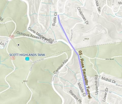 Map of pipeline location along Ross Sausalito Tunnel near Camino Alto