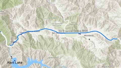 map of pipeline location along Sir Francis Drake Blvd from Shafter through Woodacre