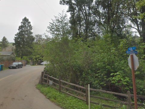 Curving street next to wood fence and bushes