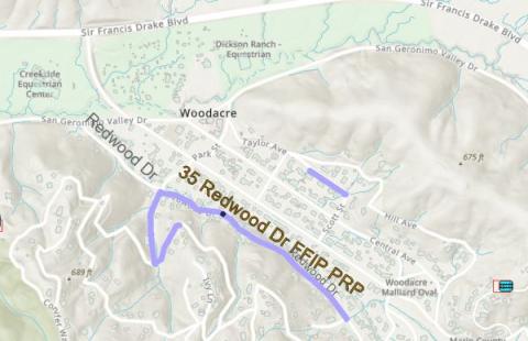 Map of pipeline location on Redwood Dr in Woodacre