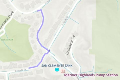 Map of San Clemente Tank location near Granada Dr, Endeavor CV, and Mariner Highlands Pump Station