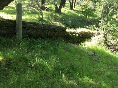 Retaining wall on grassy hillside