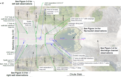 Chute slab with markups showing joints and areas in need of repair