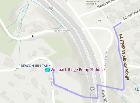 Map of pipe location across highway 101 near the Wolfback Ridge Pump Station and Beacon Hill Tank