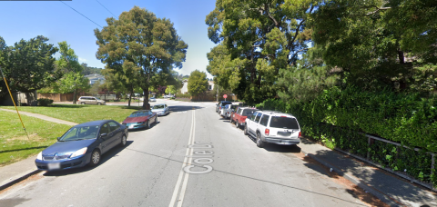 A two way street lined with trees and parked cars
