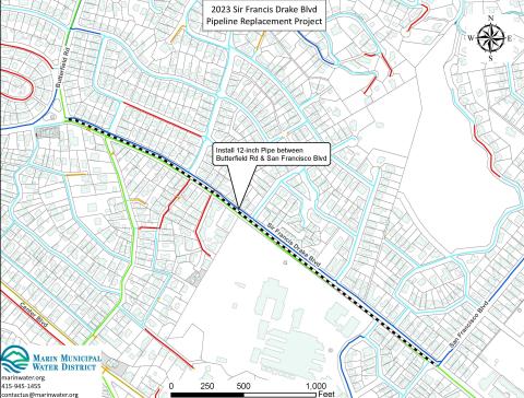 Map of 12-inch pipe location on Sir Francis Drake between Butterfield Rd and San Francisco Blvd