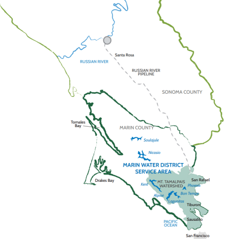Map shows Marin Water District's water system, including the Russian River in the north. 