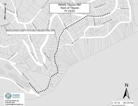 Map of Tiburon pipeline replacement along Mar West Street and Paradise Drive
