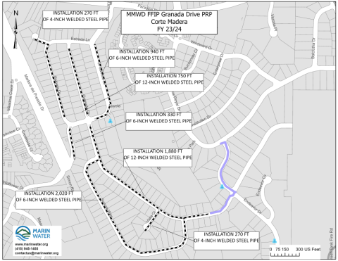 Map of pipe location along various streets in Corte Madera