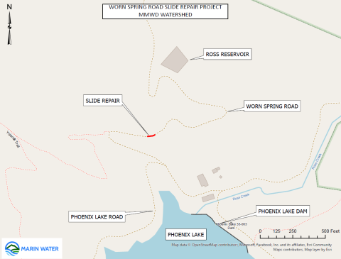 Map of a portion of the Mt. Tam Watershed shows in red the area planned for work along Worn Spring Road. 