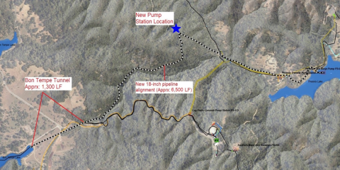 Map shows the location of a planned pipeline connecting two reservoirs.