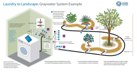 Diagram shows a laundry-to-landscape water system.