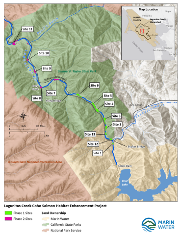 Map of 13 sites along Lagunitas Creek for Phase 1 and Phase 2 of the habitat enhancement project