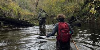 A man and woman wade down the middle of a creek.