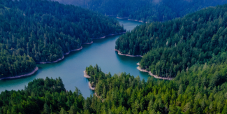 Aerial view of a blue reservoir tucked into tree-covered hillsides.