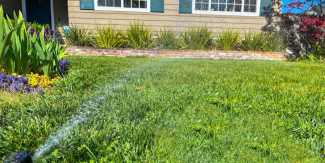 Water sprays over a residential lawn. 
