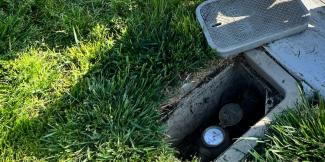 A water meter in the ground surrounded by grass and the meter box lid