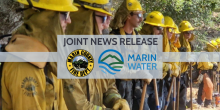 Firefighters stand in a row, looking from left to right. A superimposed text box contains the logos for a fire department and Marin Water, as well as the text: "Joint news release."