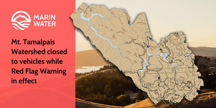 Map of the Mt. Tam Watershed in front of an image of rolling hills. Text reads: Marin Water Mt. Tamalpais Watershed closed to vehicles while Red Flag Warning in effect